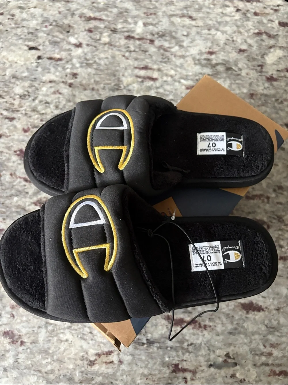 Champion Black Plush Slide Sandals with Gold & White Logo